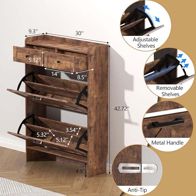 Thacuok Shoe Cabinet with 2 Flip Drawers & 2 Storage Drawers, Rustic Farmhouse Narrow Shoe Organizer Cabinet, Slim Shoe Rack Cabinet, Shoe Storage Cabinet for Entryway, Hallway