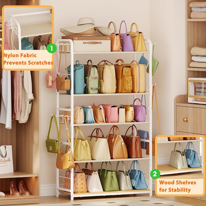 Purse Organizer for Closet, Extra Long 5-Tier Tall Purse Rack Stand with Adjustable Shelves & 12 Hooks, Large Capacity Purse Storage Display Shelf for Tote Bags, Crossbody Bags, Handbag, Dressing Room