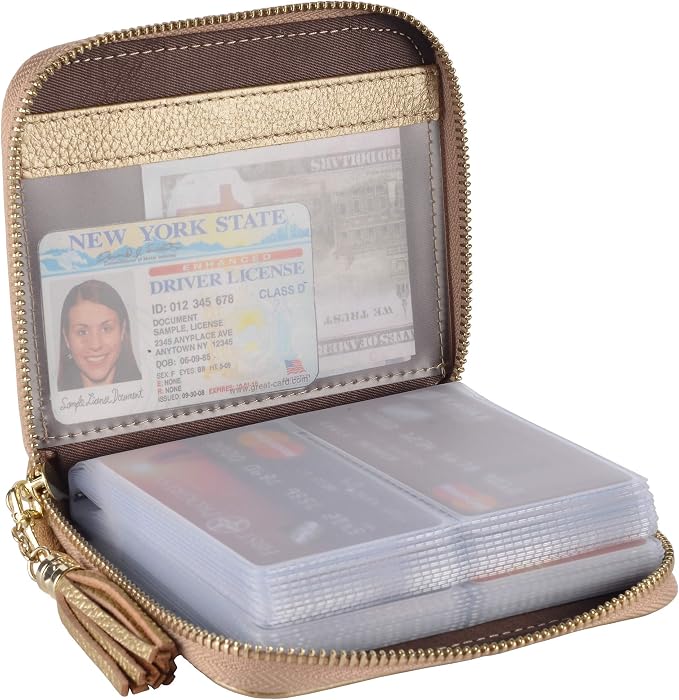 Easyoulife Womens Credit Card Holder Wallet Zip Leather Card Case RFID Blocking (Gold)