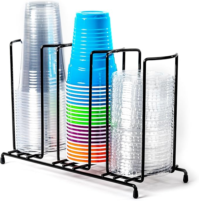 Inevibe Wire Frame Cup and Lid Organizer, 3 Compartment Metal Rack Design Storage Holder for Plastic, Coffee Beverage Cups