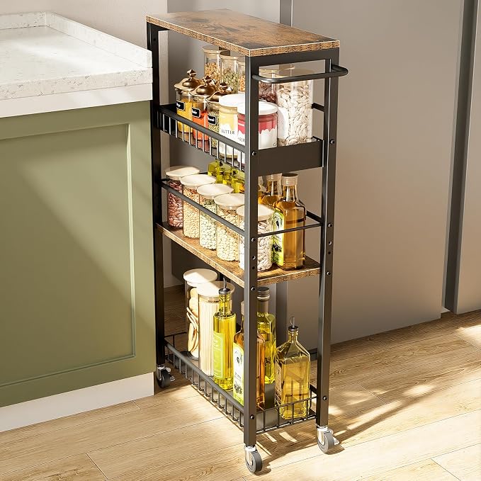 Slim Rolling Storage Cart, 4 Tier Narrow Storage Cart, 7.1in(W) | Metal Kitchen Rolling Cart for Small Spaces, Narrow Shelf for Kitchen, Laundry Room, Bathroom, Living Room