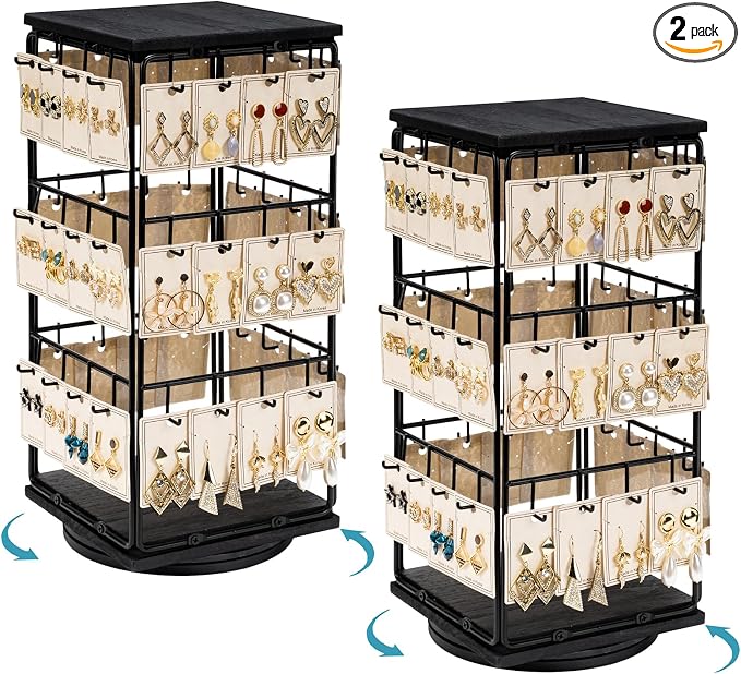 360 Rotating Earring Display Stands for Selling, Earring Rack Display Holder Stand, Jewelry Display for Selling Earring Cards, Necklaces, Rings, Bracelets, Hair Accessories (2 Pack)