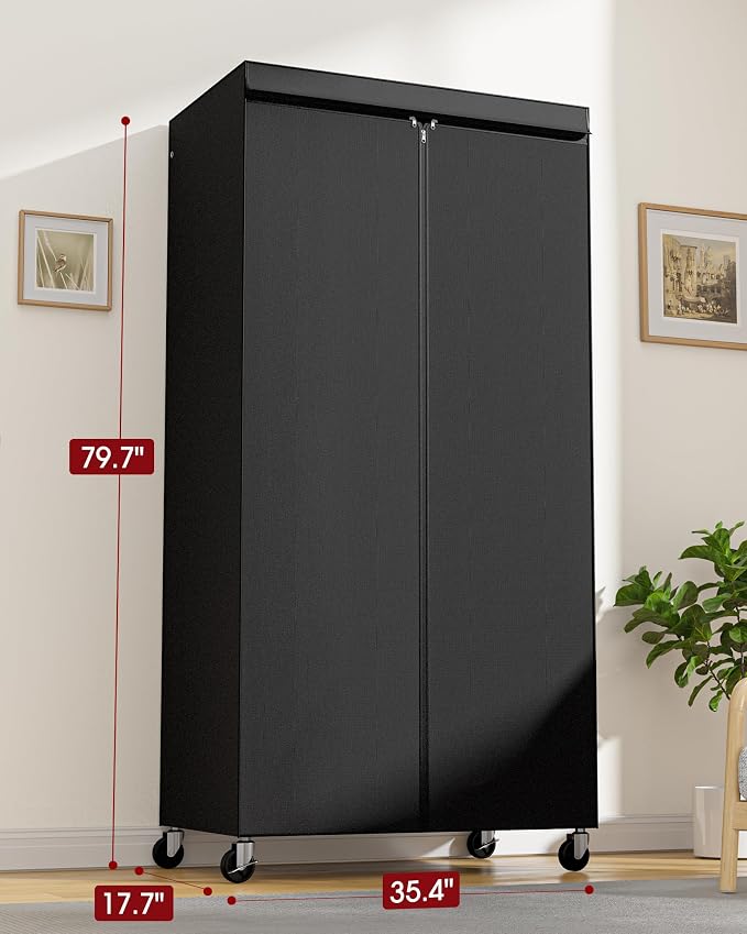 Sakugi Clothes Rack with Cover, Wardrobe Closet, 35.4"x17.7"x79.7", Iron | Bedroom, Dorm, Apartment, Open Front, Heavy Duty, Lockable Wheels, Rust-Resistant, Black