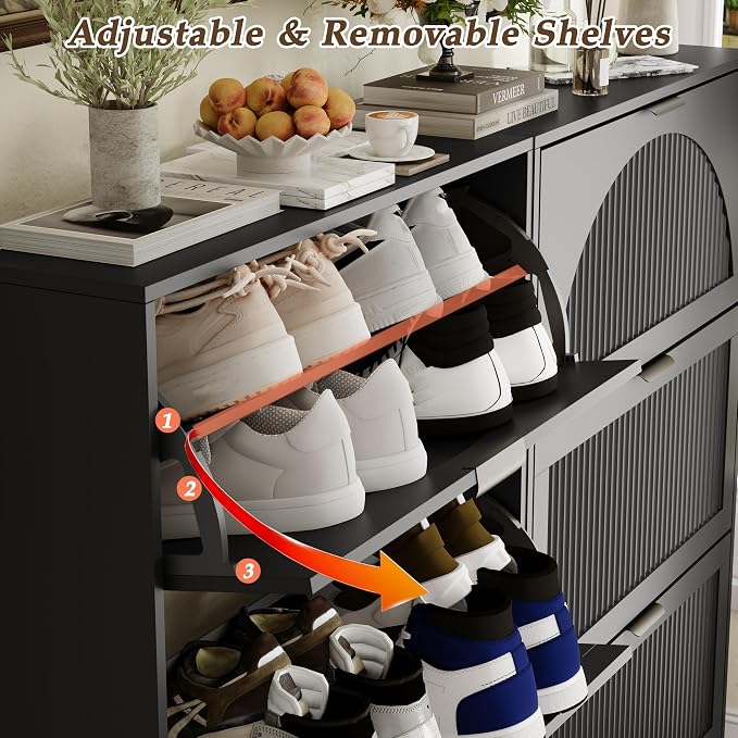 Shoe Storage Cabinet with 3 Flip Drawers, Narrow Wood Shoe Organizer Cabinet with Fluted Panel, Slim Shoe Rack for Entryway, Freestanding Shoe Cabinet for Living Room, Hallway, Black