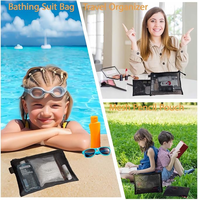 3 Pcs Mesh Zipper Pouch Makeup Bags Set, Portable Mesh Cosmetic Bag Travel Toiletry Storage Bags Pencil Purse Organizer Pouches for Home Office Daily or Traveling Accessories Keep Small Items( Black)