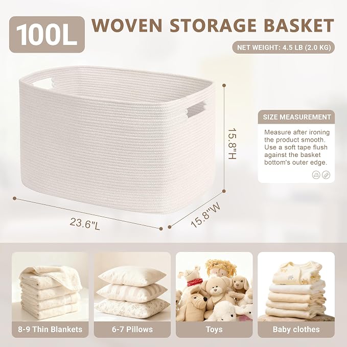 100L Extra Large Woven Laundry Basket Hamper with Handles, White | 24"x16"x16", collapsible wicker hamper, storage for dirty clothes, toys, blankets, gifts, living room, bedroom, bathroom