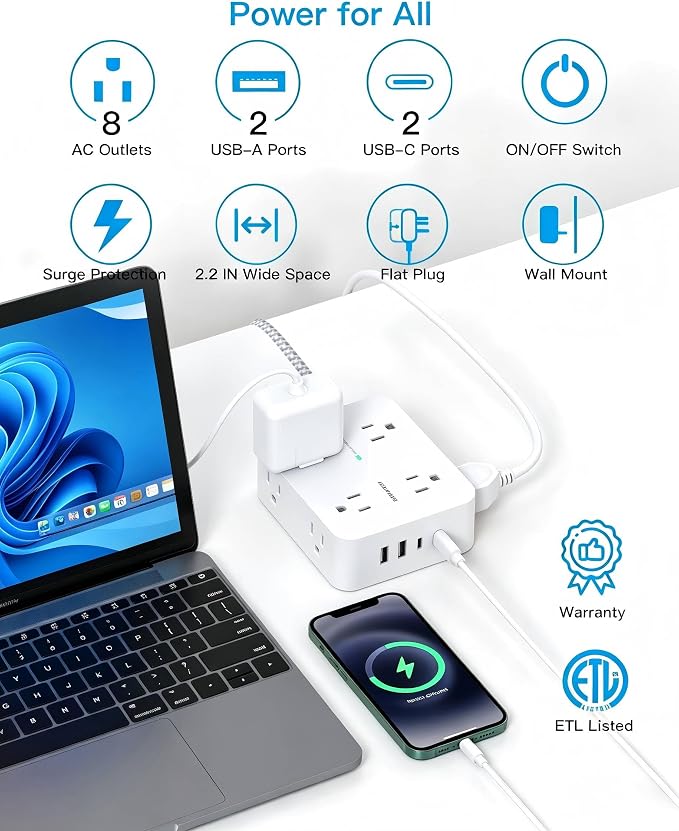 HANYCONY 10 Ft Braided Extension Cord with Ultra-Thin Flat Plug, 8-Outlet | 1080J Surge Protector Power Strip with 4 USB Ports (2 USB C), Ideal Wall Mount Charging Station for Home Office and Dorm