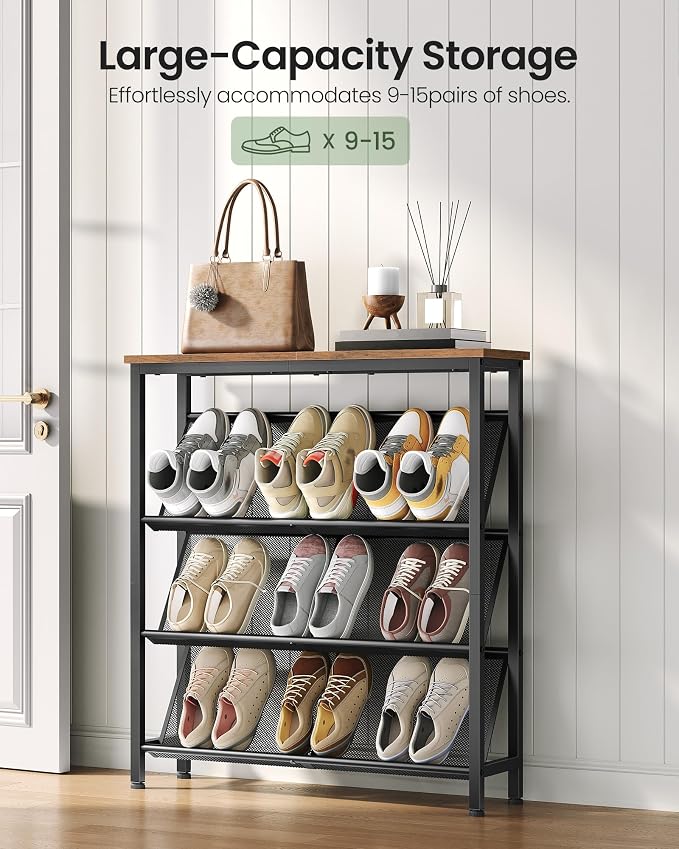 CHOEZON Shoe Rack, 4-Tier Slanted Shoe Storage Shelf, Narrow Shoe Rack for Entryway, Shoe Organizer with Adjustable Feet, Slim Shoe Shelf with Wooden Top and Metal Frame Rustic Brown and Black TXJ75BF