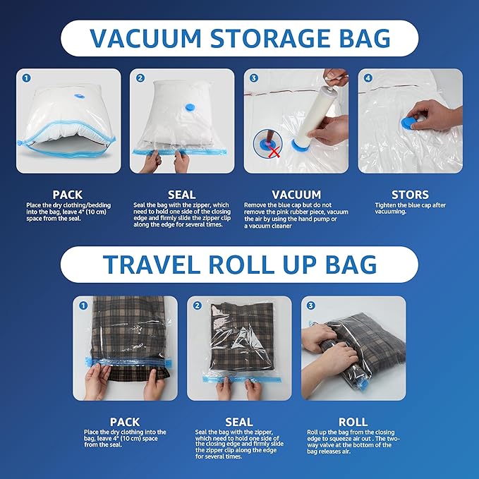 30 Pack Compression Storage Bags, Vacuum Storage Bags, Space Saver Bags for Comforters, Blankets, Pillows and Clothes Storage, Hand Pump Included (5 Jumbo/5 L/5 M/5 S/5 Roll M/5 Roll S)