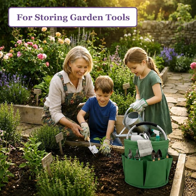 Garden Tool Organizer Tote with Non-Slip Handle – 4.5-Gallon Water-Resistant Bucket Bag with 6 Side Pockets, Portable Gardening and Outdoor Utility Bag for Yard Work, Garage, Beach & Camping