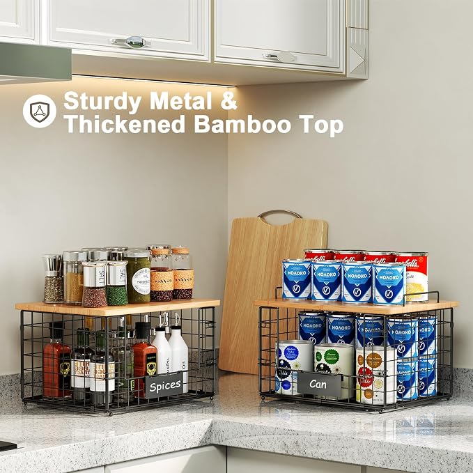 2 Pack Stackable Wire Baskets with Bamboo Top for Pantry Organizers and Storage, XXL Kitchen Organization Counter Basket for Fruit, Vegetable, Produce, Bread, Potato and Onion Storage Bins