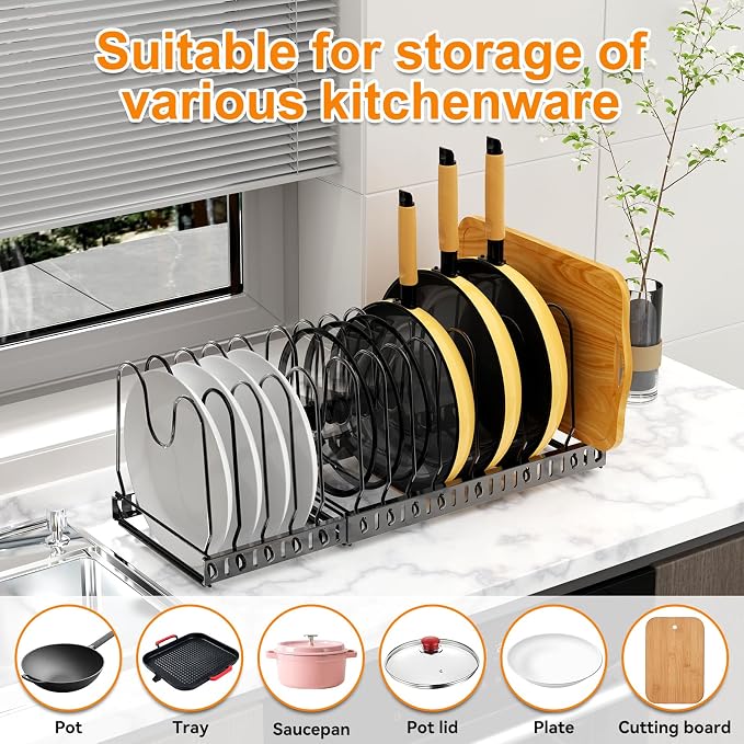 Pot and Pan Organizer Rack for Cabinet, 3 Expandable Pot Lid Organizer Holder with 12 Adjustable Compartment for Kitchen Cutting Board, Pan Lid, Cabinet Cookware Baking