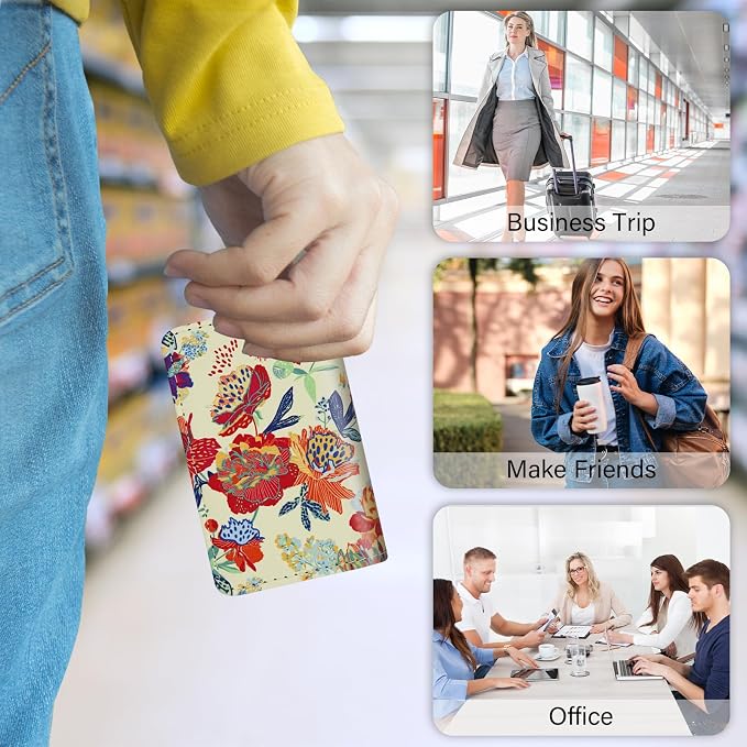 Business Card Holder，PU Leather Business Card Case Color Printing Pattern Card Holder Wallet，Pockets Magnetic Credit Card Holders for Men and Women - Purple Flowers