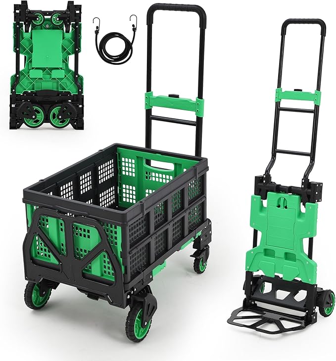 Versatile 2-in-1 Folding Hand Truck Dolly – Collapsible Basket, Retractable Handle, 4 Wheels – Heavy Duty Moving and Shopping Platform, 330 Lb Capacity, Foldable and Compact for Easy Storage