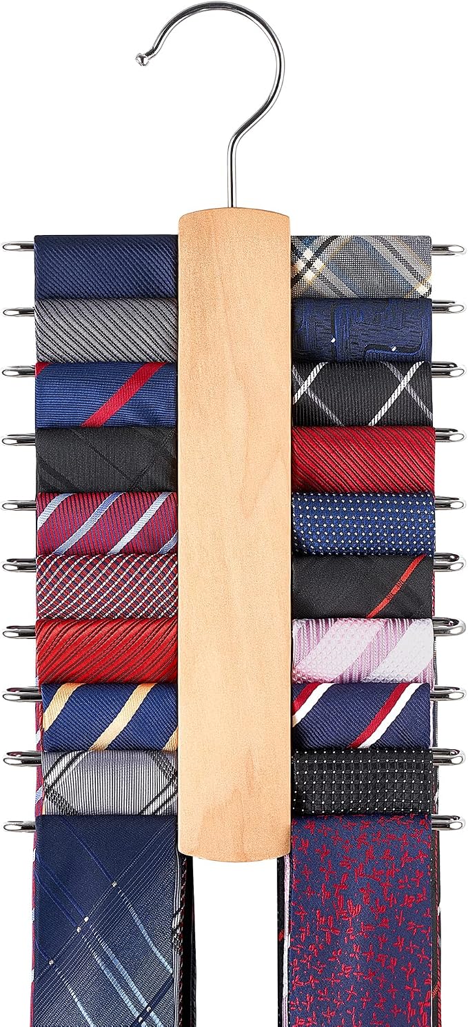 Mkono Wooden Tie Rack Retro Tie Belt Storage Hanger Organizer for Men Closet Space Saving Rack with 20 Non-Slip Hooks for Ties Belt Scarf Organize 360 Rotate Hanger Tie Holder, 1 Piece, Wood Color