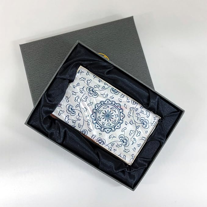Mother of Pearl Business Card Case Credit Id Name Holder Travel Wallet Art Painting Design Metal Stainless Steel Engraved Slim Purse Pocket Cash Money Wallet (Blue Arabesque)