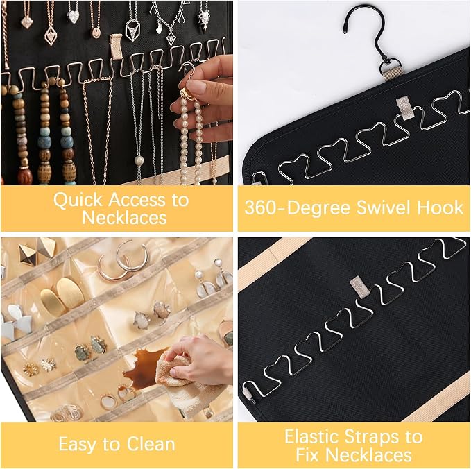 2 Pack Hanging Jewelry Organizer and Storage,Necklace Holder Anti-tangle Earrings Rings Hanger with 43 Pockets 21 Hooks,Double-Sided Jewelry Storage for Closet Door Wall