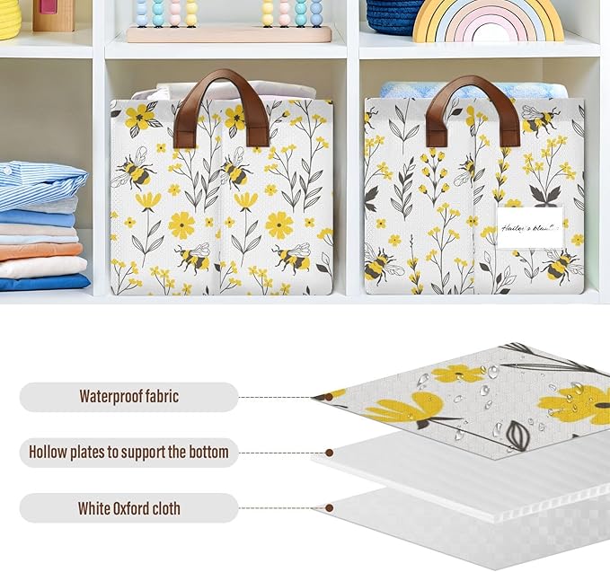 Yellow Wildflower with Bee Storage Basket Foldable Cube Storage Bins with Handles&Labels Waterproof Collapsible Organizer Box Bin Large Decorative Baskets for Shelves Home Living Room Closet, 2 Pack