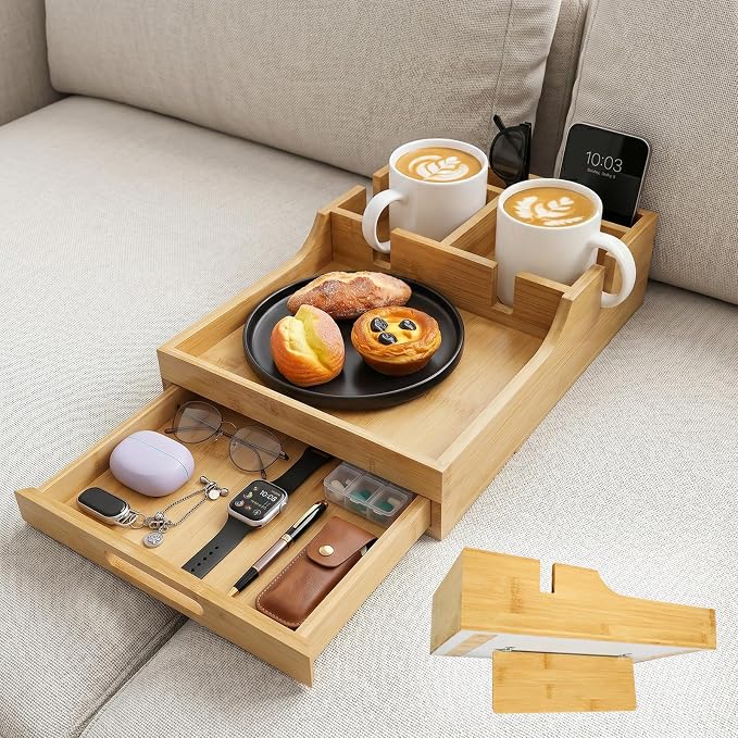 2 in1 Couch Tray with Cup Holders and Drawer Storage | Bamboo Sofa Tray Table ,Sofa Organizer Insert Between Cushion/Flat Use,Couch Caddy for Drink,Snack,Living Room Accessories