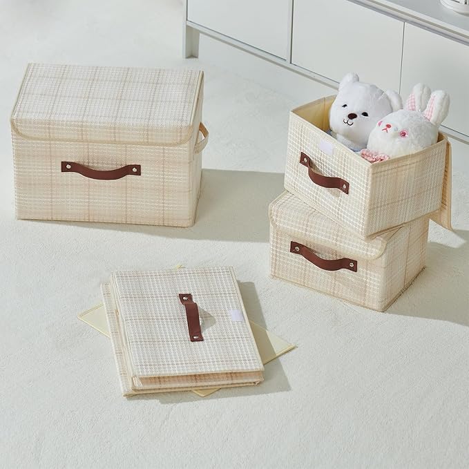 Storage Boxes with Lid 3D Textured Fabric Storage Bins Organizer Containers Decorative Collapsible Washable Shelf Baskets Faux Leather Handles for Home Bedroom Closet (Beige, Small Size)