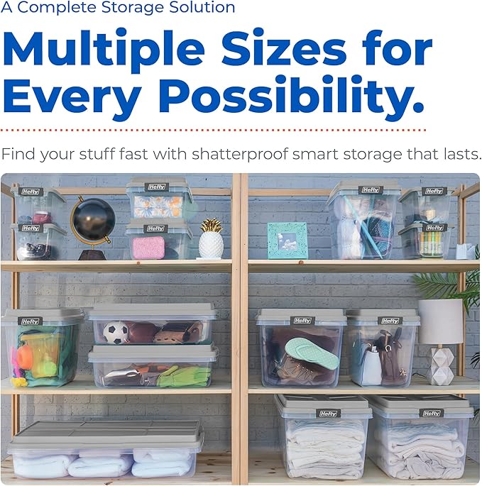 Hefty 40 Qt Hi-Rise Storage Bin with Lid, Stackable Plastic Storage Container, Organizer for Home, Garage & Closet, 6 Pack, Gray