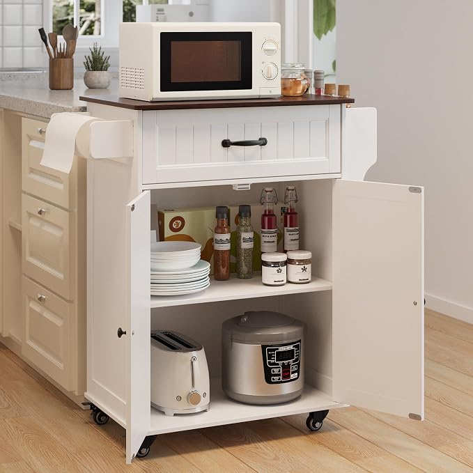 Gizoon 33" W White Kitchen Island Cart with Adjustable Shelf, | Metal Wheels, Drawer & Storage Cabinet, Spice Rack & Towel Rack, for Dining Room, Bar, Retro Wooden Countertop