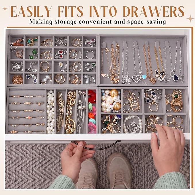 Tondiamo 16 Pcs Velvet Jewelry Drawer Organizer Trays Bulk 8.39 x 4.88 x 0.94 Inch Grey Stackable Jewelry Storage Inserts Set Tray Set with Removable Divider for Earrings Necklaces Bracelets