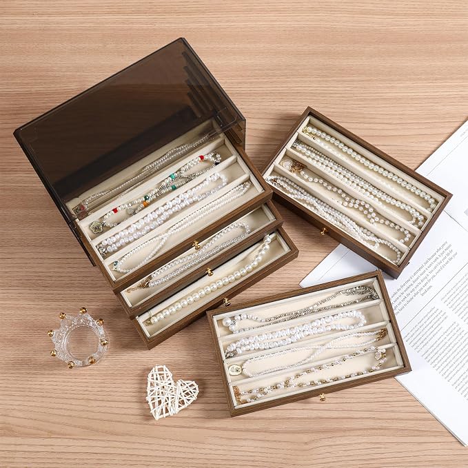 CLUQMEIK 5 Layer Necklace Jewelry Box, Vintage Wooden Jewelry Box with Acrylic Cover Stackable Necklace Storage Organizer for Women and Girls to Storing Necklaces