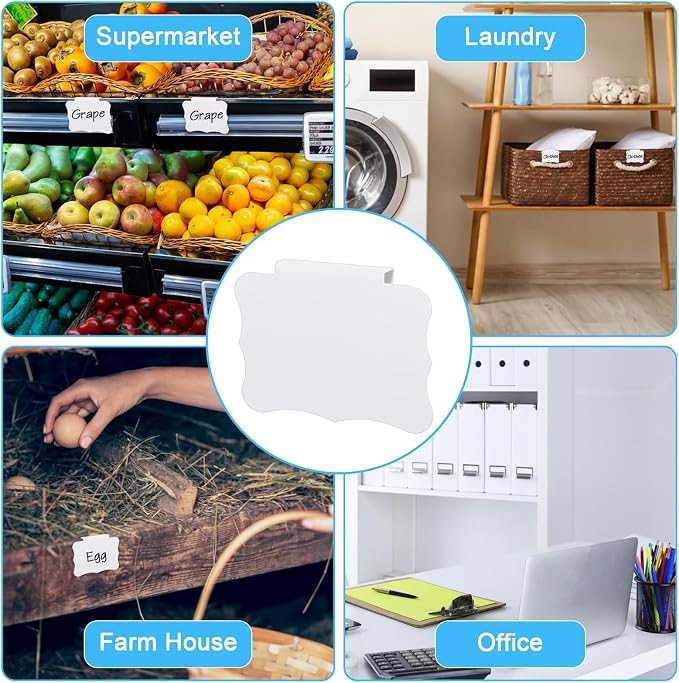 8PCS White Basket Labels Set Basket Labels Clip on 3.5x2.7 Inches Kitchen Clip Label Holder Clips On PVC Label Removable Holders Removable Pantry Baskets Labelsfor Pantry Storage Bins Box