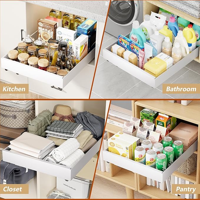 2 Pack 21" Deep Pull Out Cabinet Organizer, Expandable(12.5"-20.5") Slide Out Drawer, Pull Out Drawer Storage Organizer with Adhesive for Kitchen Bathroom Home, White