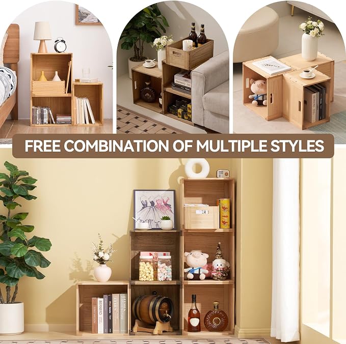 KIRIGEN Stackable Wood Storage Cube with Handles, Open Cubby Bin, Natural | Open-Front Wooden Box Crate for Books, Clothes, Shoes, Closet Storage, and Display for Home Office, Assembly Required C5-NA