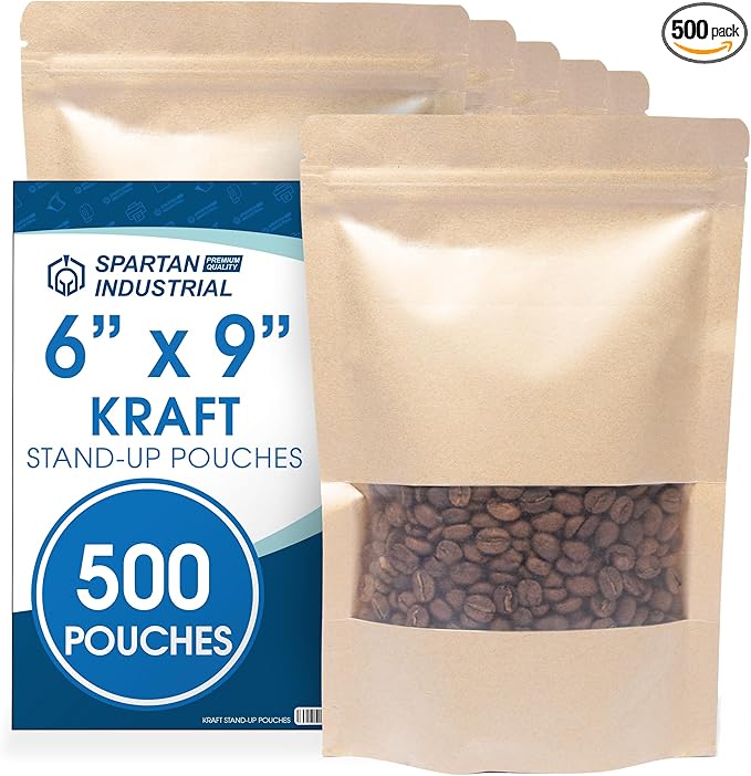 Spartan Industrial - 6" X 9" Kraft Zip Top Food Storage Bags - Pack of 500 Smell-Proof Resealable Pouches for Packaging Coffee, Tea, Spices, Snacks, and More