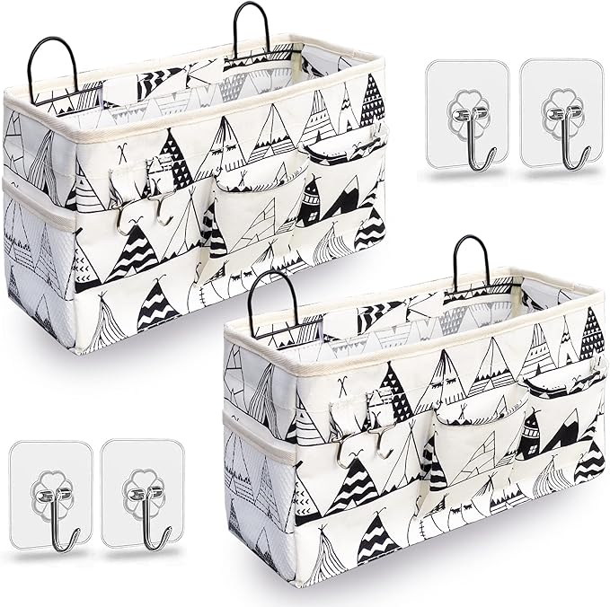 Kanrichu 2pcs Large Wall Hanging Organizer Bag, Linen Fabric Door Hanging Storage Baskets with Pockets, Waterproof Bin for Kitchen, Bedroom, Office, RV Camper (White)