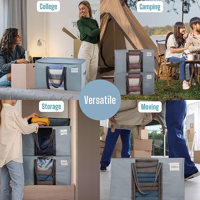 VENO 2 Pack Moving Bags with Clear Window, Heavy Duty Storage Bins with Lid, Around Handles, Tag, Zippers, Extra Large Totes Packing Moving Boxes Supplies for College Dorm Clothes (Light Blue)