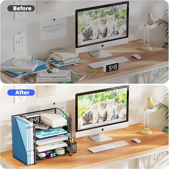 Simple Trending 5-Tier Desk File Organizer with 2 Pen Holders, Black | 17.5"L x 9"W x 13"H, 5 Trays + Side File Holder + 2 Pen Containers, Powder-coated Steel Mesh, Easy Assembly, 24H Support