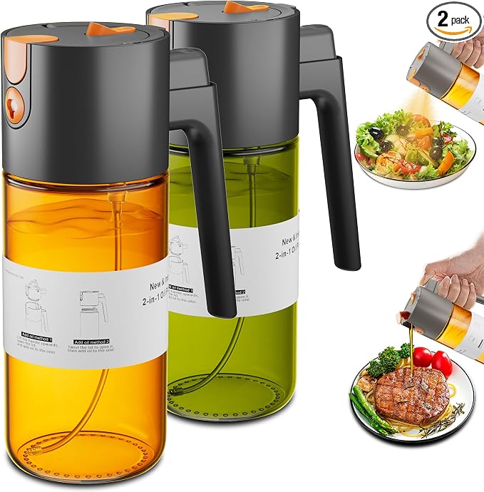 LAKUMIQI 2 in 1 Oil Sprayer & Dispenser, 17 oz Light-Blocking Glass Bottle | Large Capacity, Wide-Mouth for Easy Pouring and Cleaning, Leak-Proof Oil Bottle with Stickers for Salads, Air Fryers, BBQ