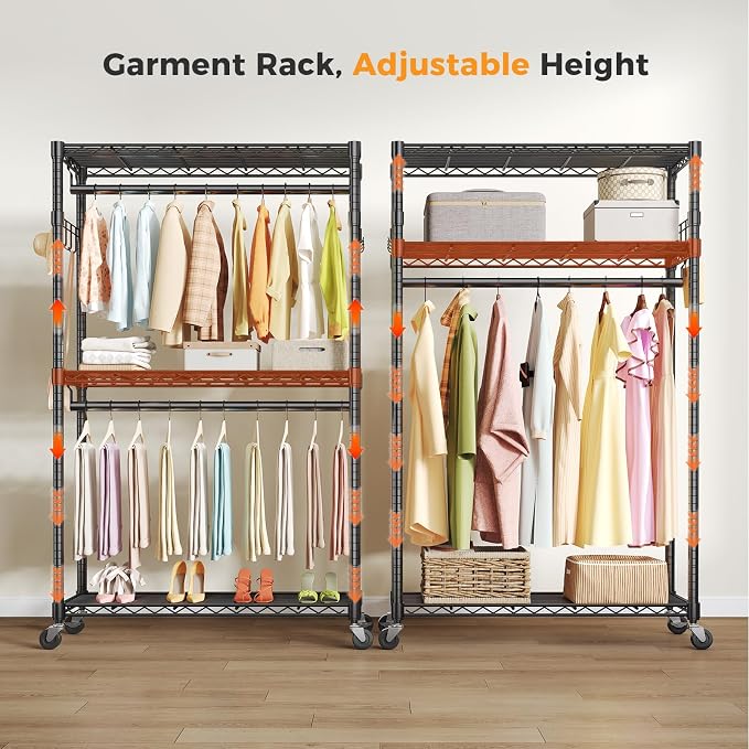 OLIXIS Rolling Clothes Rack, Heavy Duty Garment Rack, 47 IN, Metal Black | Adjustable Closet Organizer for Hanging Clothes, Portable Closet with 2 Side Hooks