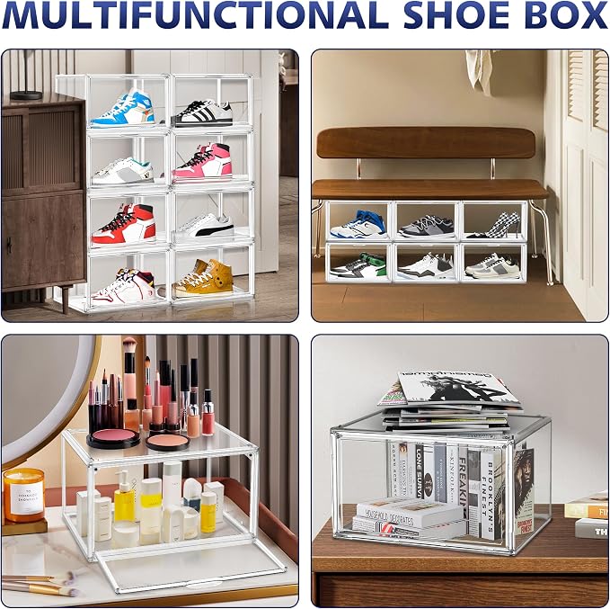 2 Pack Acrylic Clear Shoe Storage Boxes Size 12, Transparent Display Case for Sneaker Collections, Baseball Caps, Hat Organizer Dust-free Shoe Cubbies Stackable Sneaker Boxes