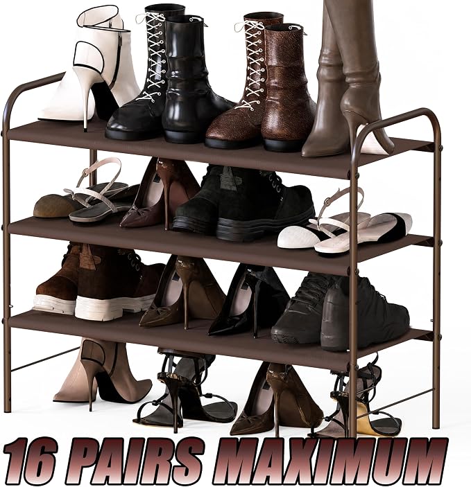 Simple Houseware 3-Tier Shoe Rack Storage Organizer, Bronze – Space-Saving Shoe Shelf, Holds 9–16 Pairs, Sturdy Metal Frame, Easy Assembly – Closet, Entryway, Bedroom Shoe Storage Solution