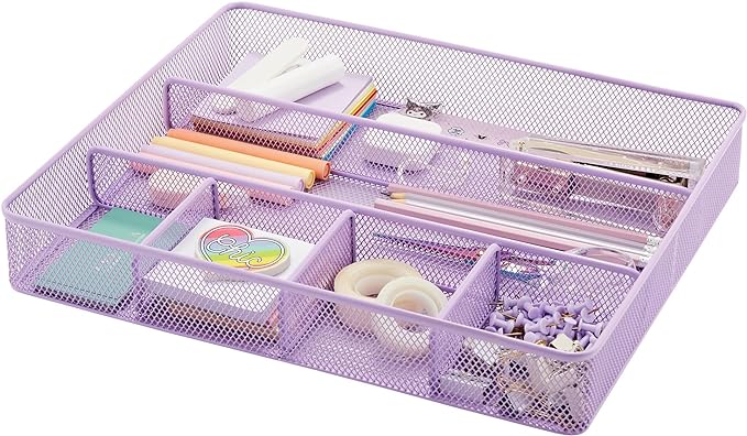 Annova Desk Top Organizer/Storage Tray - Metal Mesh with Dividers for Pens, Desktop Accessories, Bathroom, Kitchen, Makeup and Office Supplies (Large, Light Purple)
