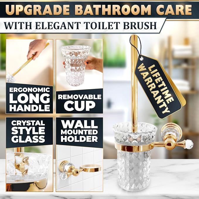 Toilet Brush and Holder Set, Wall Mounted, Clear Bowl (Gold Crystal) | Toilet Bowl Brush and Holder Set, Polished Gold Handle, Space-Saving Wall Mount, Stainless Steel Body, for Elegant Bathrooms