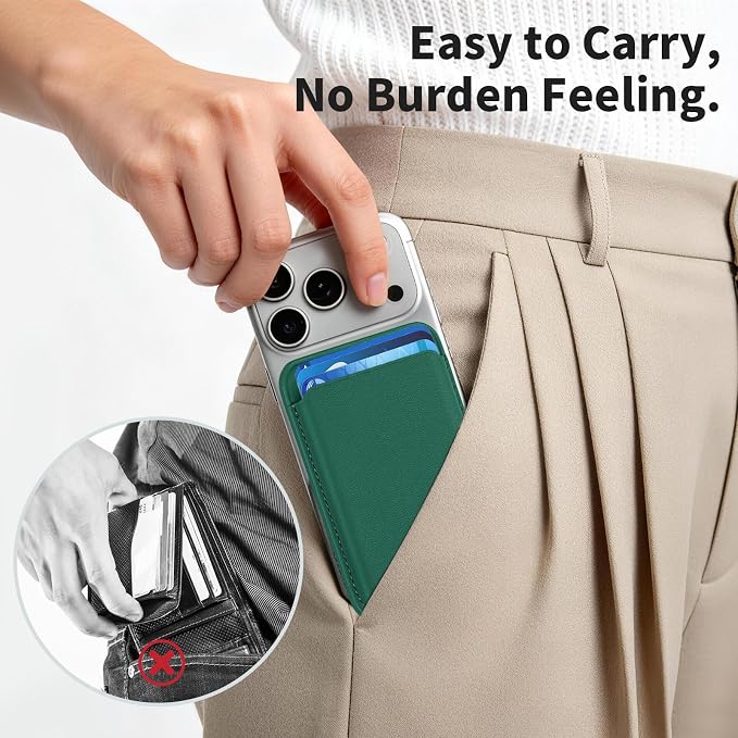 Magnetic Wallet Phone Card Holder for Phone Case with Mag-Safe, Stronger Magnetic RFID Leather Phone Wallet Stick on Series of iPhone 17/16/15/14/13/12 and Pro/Promax, Emerald