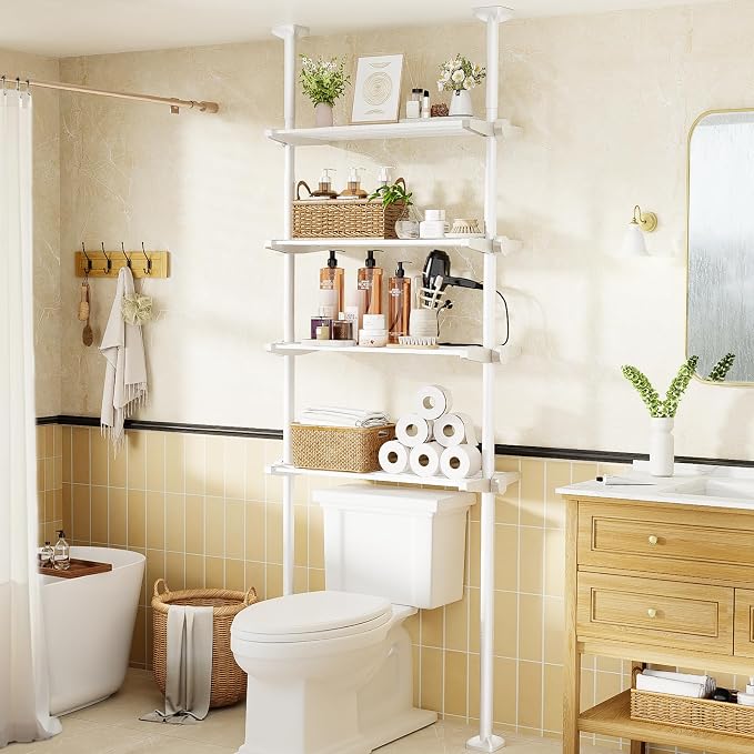 Bonpally Over The Toilet Storage Shelf, 4-Tier Adjustable Bathroom Organizer, No Drill Tension Mounted Shelves Metal, Space-Saving Bathroom Cabinet Rack Above Toilet for Small Bathroom Rooms, White