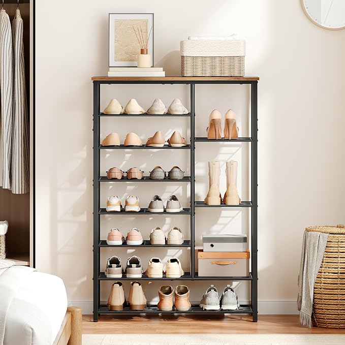 HOOBRO 8 Tier Shoe Rack for Entryway, Large Capacity Tall Shoe Storage | 27.6" L Shoe Shelf, Storage Organizer with Metal Plates, Sturdy and Stable, for Bedroom, Hallway, Closet Rustic Brown