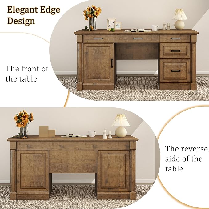 blini Large Farmhouse Executive Desk with Drawers，Wood Computer Desk，Embossed Texture Home Office Desk with File Cabinet Storage, Cable Management, Keyboard Tray，Working Table for Work Study Writing