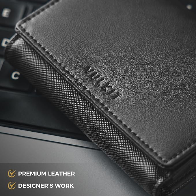 VULKIT Business Card Holder Premium Leather RFID Blocking Card Case With ID Window Magnetic Closure Holds Up to 40 Business Cards