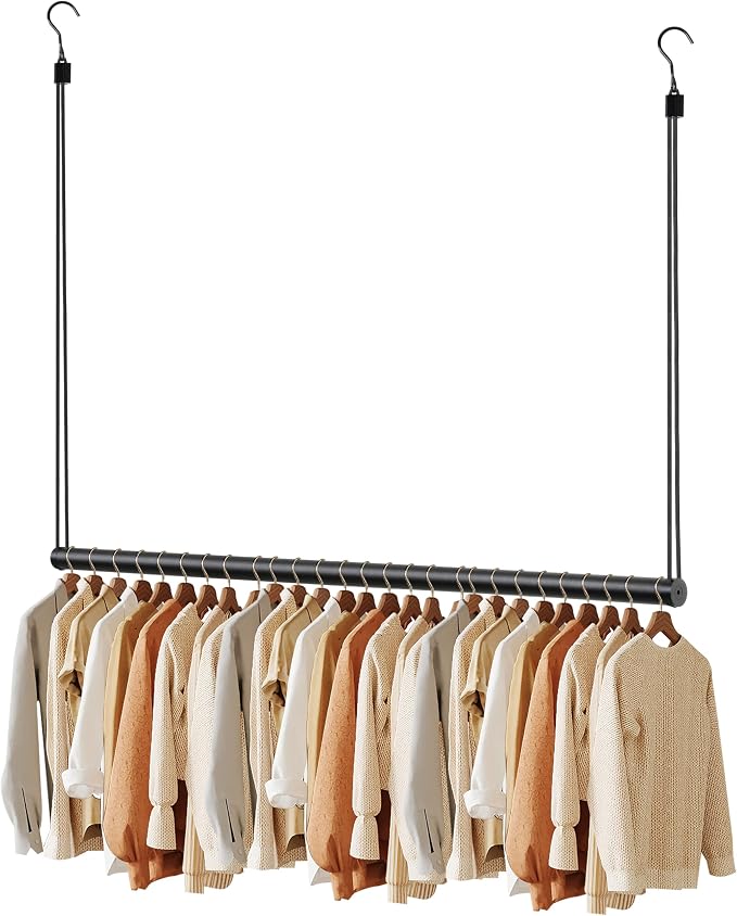 BaiNong Adjustable Closet Hanging Rod 48" Black Closet Rod Extender | Heavy Duty Double Hanging Closet Rod, Walk-in Closets, and Clothes Rack to Maximize Storage Space