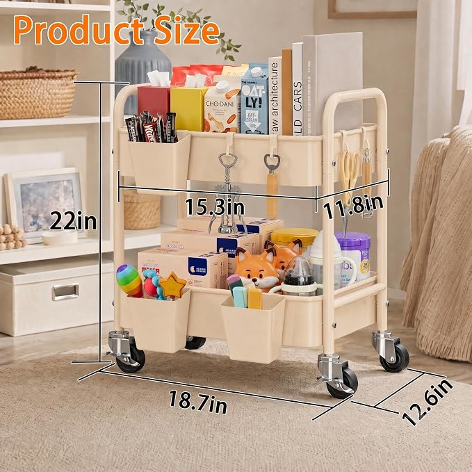 2 Tier Small Rolling Cart Metal with Wheels, Beige Under Desk/Table Storage Carts on Wheels, Short Utility Roller Caddy Organizer for Art, Craft, Pantry, Bathroom, Two Tiered Shelf Trolley, 22In Tall