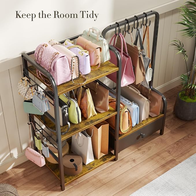 Purse Organizer for Closet, with Bottom Drawer, Extra Large Capacity 3 Tier Handbag Storage Rack for Women, 10 Purse Hanger and Hooks for Bag Organizer, Floor-Standing, Home, Living Room (Black)