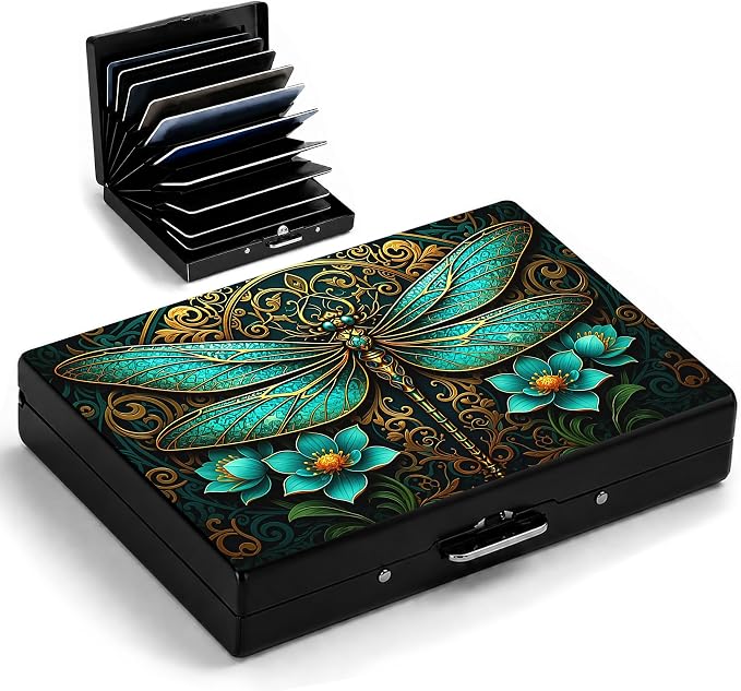 Dragonfly Metal Wallet Credit Card Protector Case Equipped RFID Blocking | with Pop-Up Button Slim Business Cards Holder Aluminum Cards Case Exclusive Flower and Dragonfly Gifts for Women Men